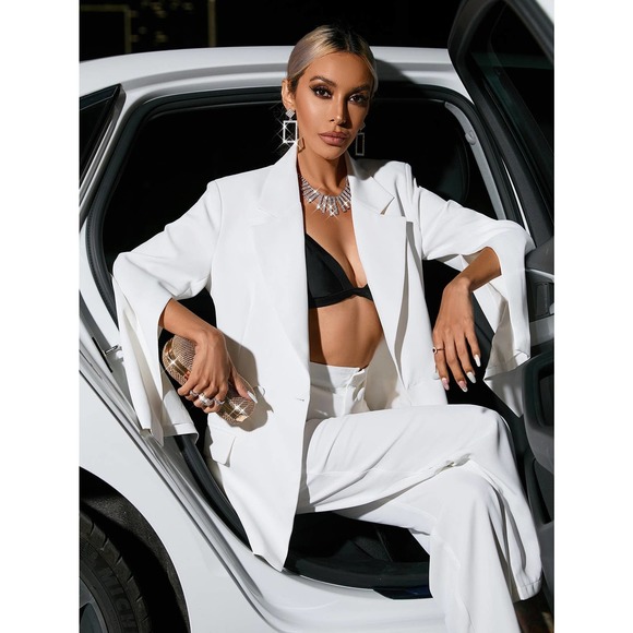 2 piece pantsuit set: Cloak Sleeve slit Double Button Blazer & dress Pants - Picture 2 of 11